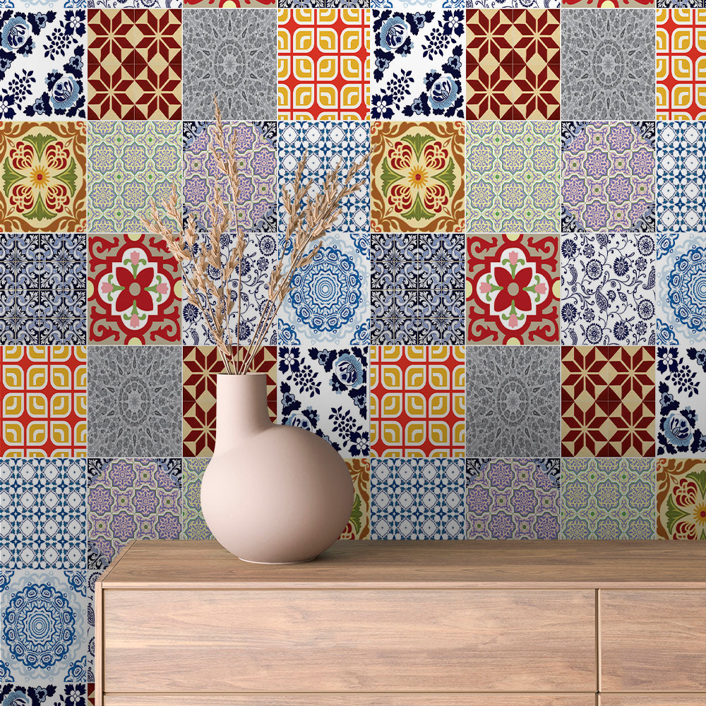 Vintage Scarlet and Indigo Tile Peel & Stick Wallpaper – Tile 0016