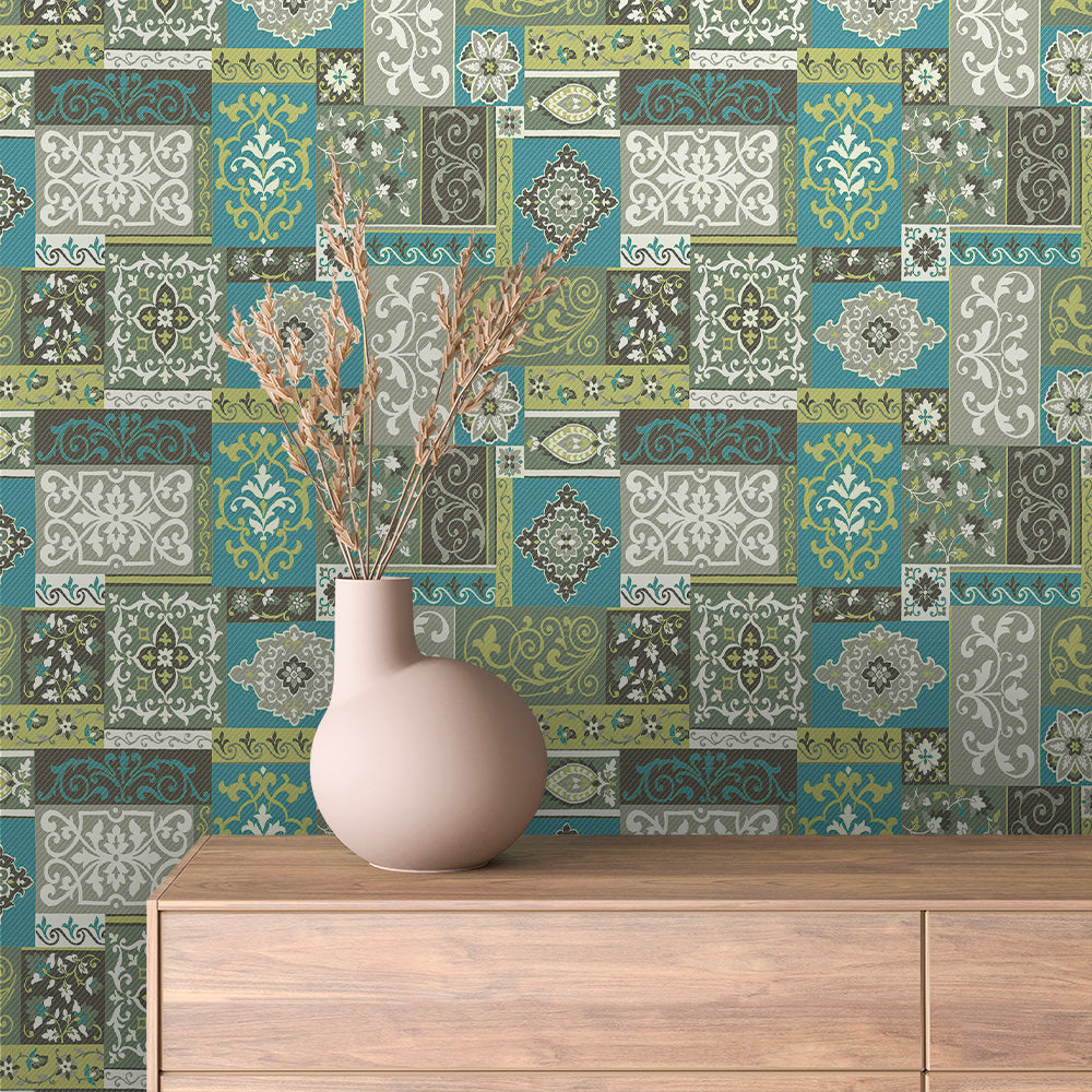 Teal and Olive Damask Patchwork Tile Peel & Stick Wallpaper – Tile 0036