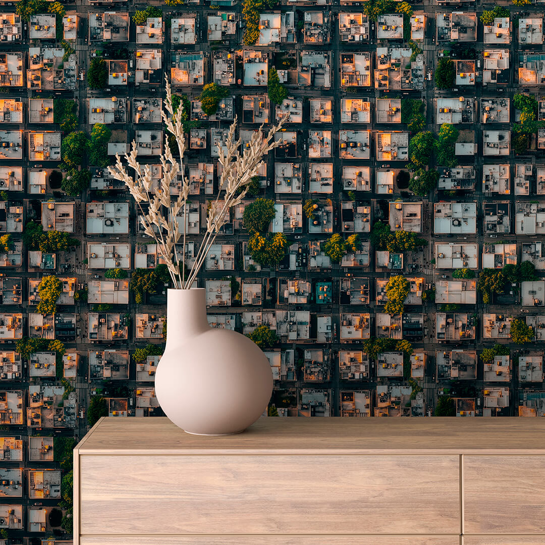 Dusk Aerial Rooftop Grid Peel & Stick Wallpaper – Urban 0001