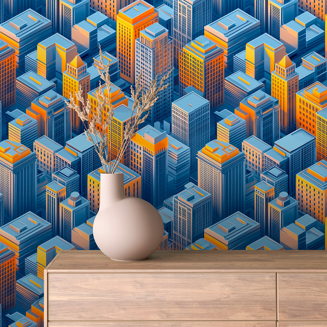 Blue Gold Skyscraper Glow Peel & Stick Wallpaper – Urban 0006