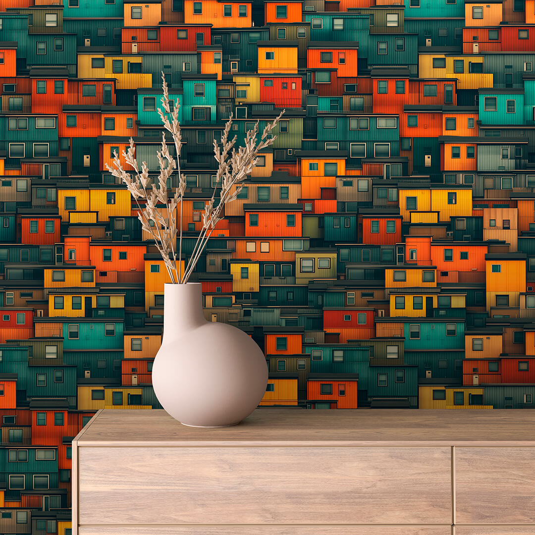 Teal Orange Stacked Dwellings Peel & Stick Wallpaper – Urban 0011
