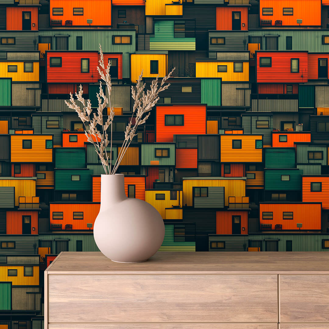 Sunny Stacked Cabins Peel & Stick Wallpaper – Urban 0017