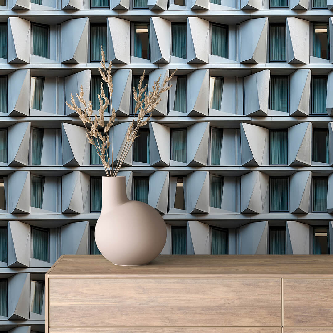 Blue Grey Angular Bay Facade Peel & Stick Wallpaper – Urban 0022