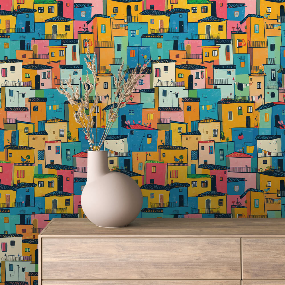 Painterly Folk Art Village Peel & Stick Wallpaper – Urban 0024