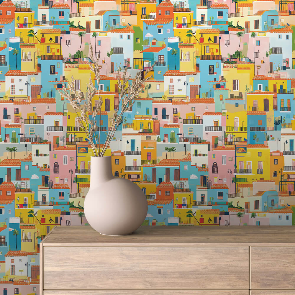 Sunny Palm Terrace Village Peel & Stick Wallpaper – Urban 0025