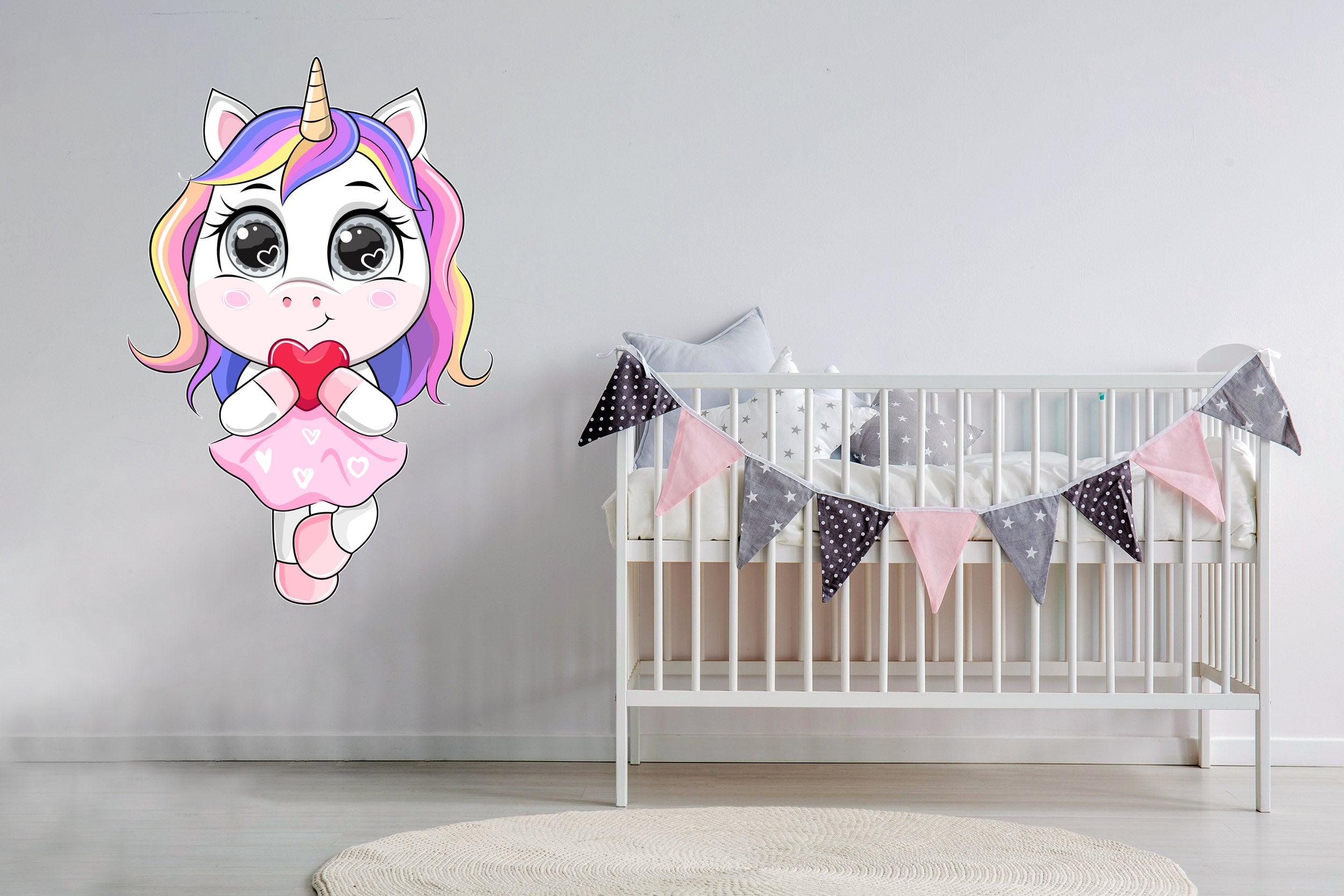 Cartoon Unicorn in a Dress holding a heart Decal, wall sticker, Peel-N-Stick