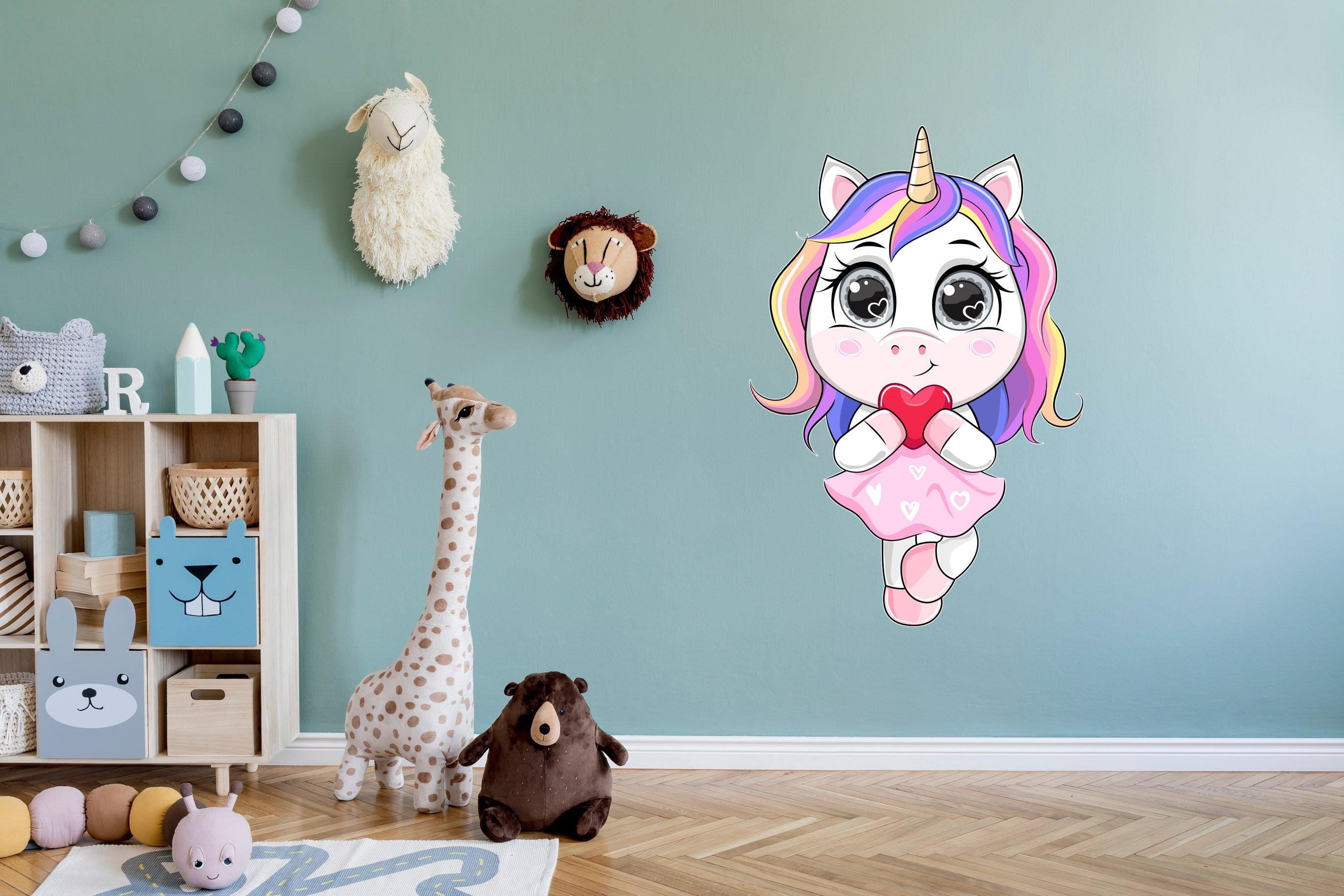Cartoon Unicorn in a Dress holding a heart Decal, wall sticker, Peel-N-Stick