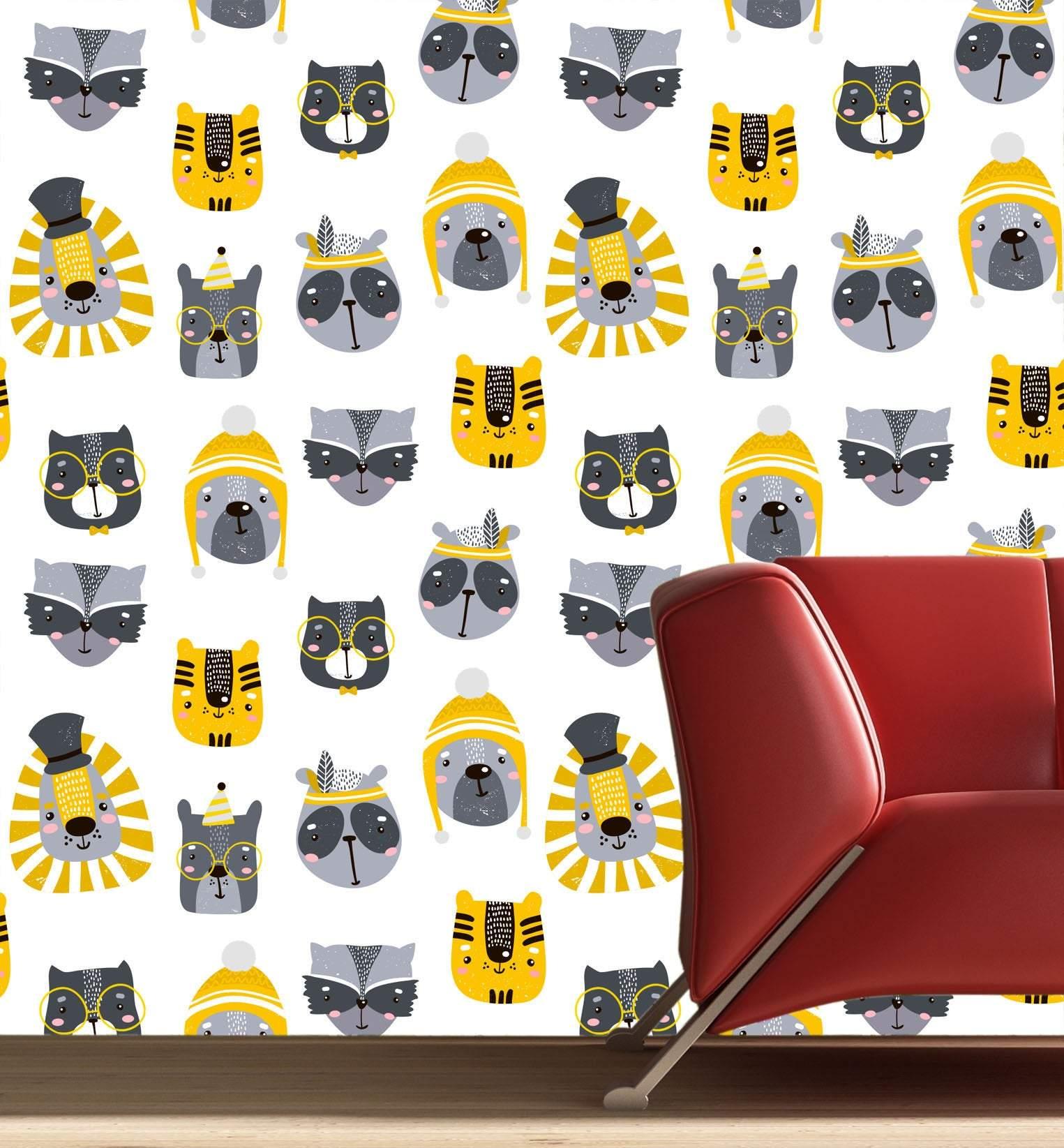 Childish pattern with cute animal faces, 28" Removable wallpaper wall mural, Peel-N-Stick