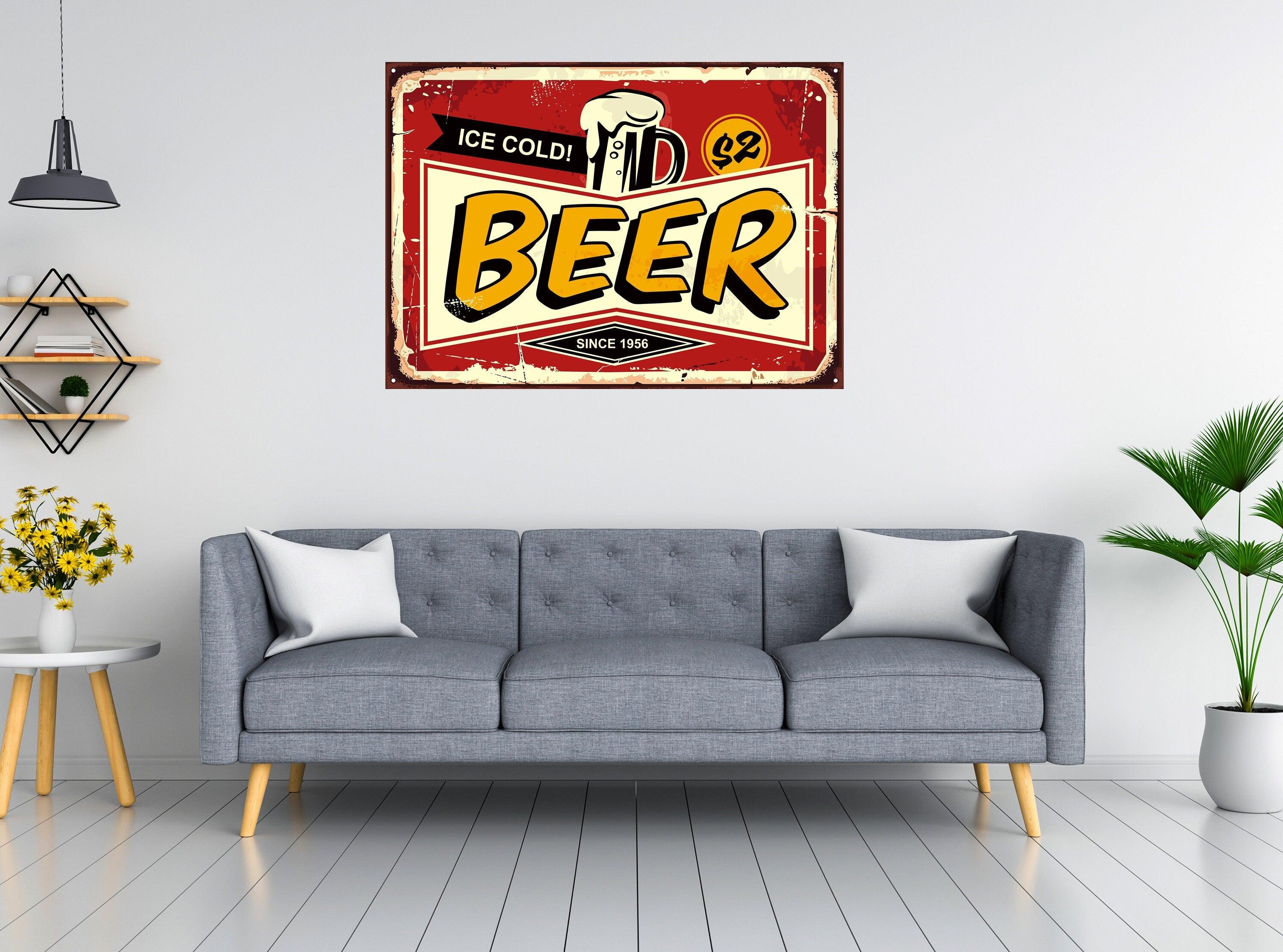 Ice Cold Beer 2 dollars Sign Decal | Fabric Decal | Removable with no Wall Damage | Vibrant | Man Cave | Beer Sign