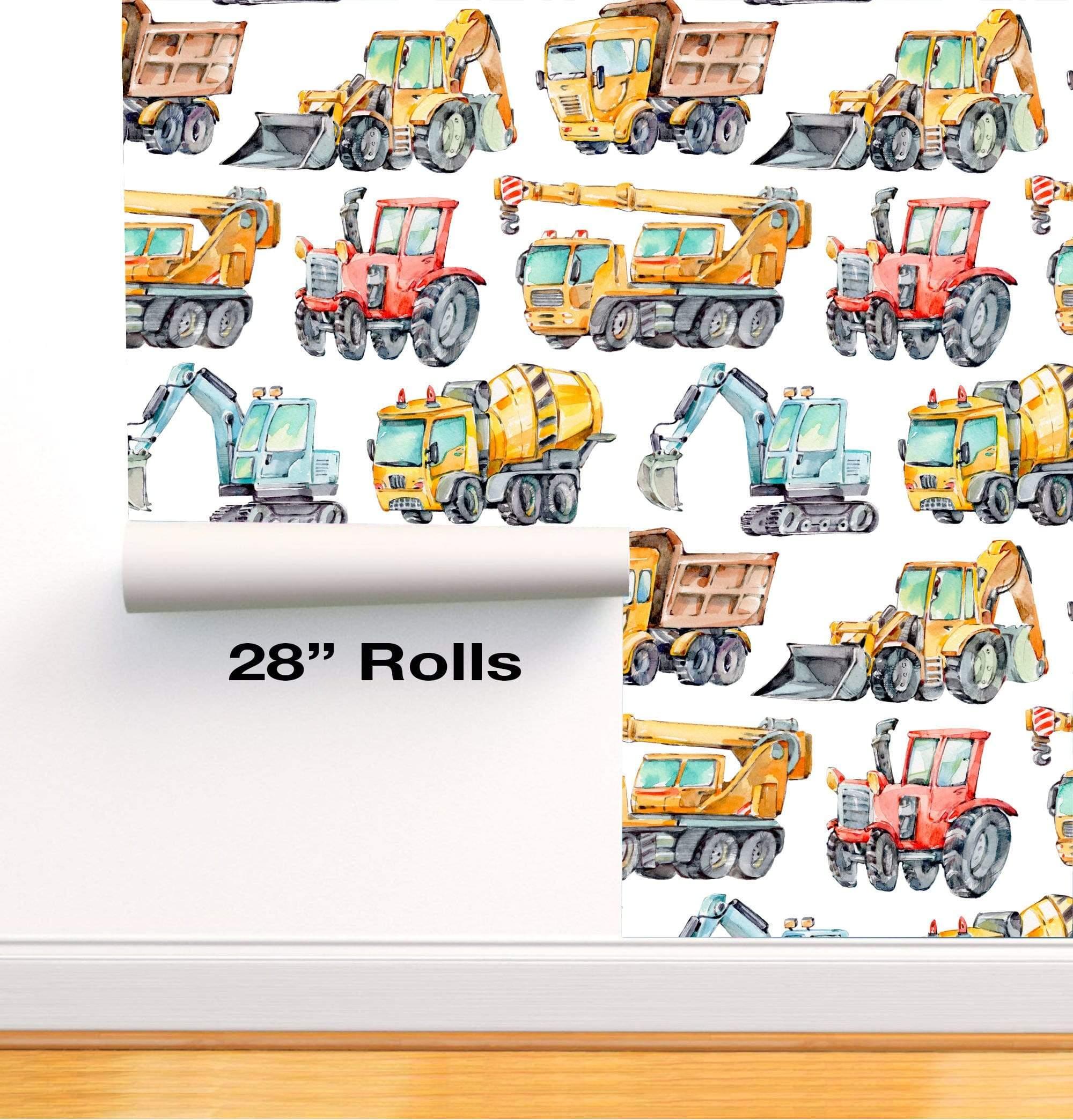 Large Watercolor Construction Trucks Removable Wallpaper in 28" Rolls