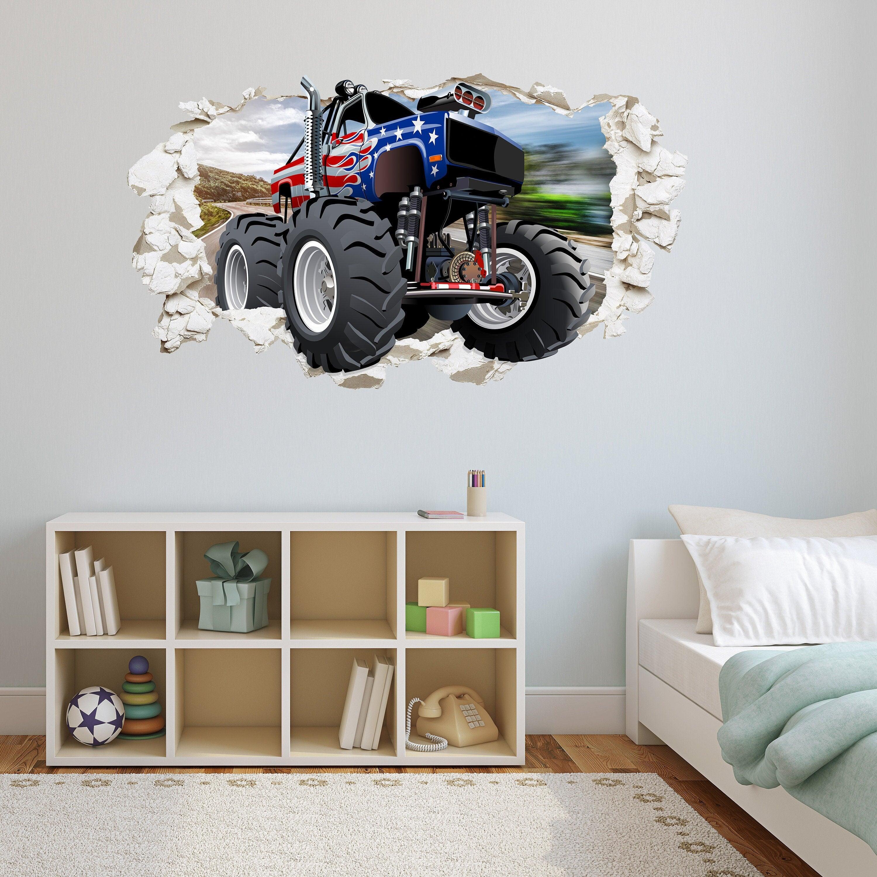 Monster Truck 3D Plaster Wall Hole with American flag, Wall Decal Sticker, Removable 002