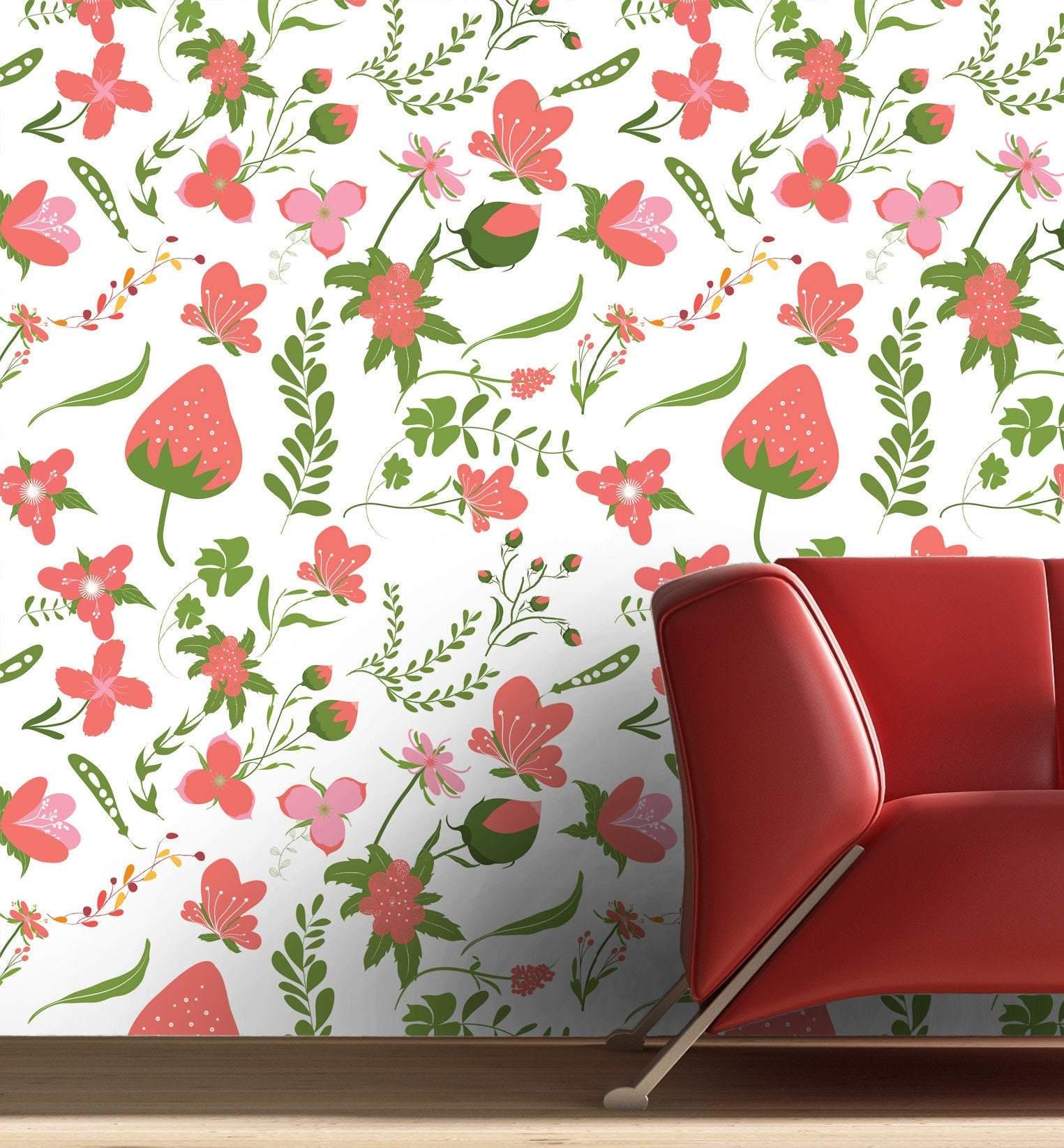 Pink Strawberry Butterfly ferns Removable Wallpaper in 28" rolls