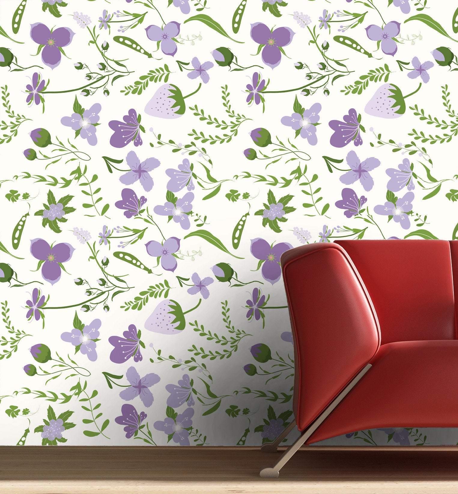 Purple Strawberry Butterfly ferns Removable Wallpaper in 28" Rolls