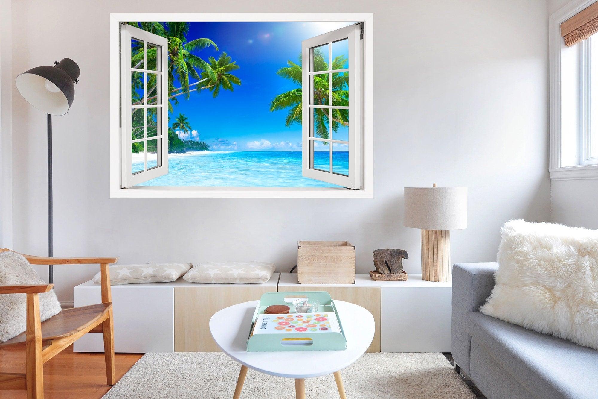 Window Scape Beach Palm Tree over white Sand #27, Window Decal, Sticker Sunset, Removable, Fabric, Window Frame, Office, Bedroom, 3D
