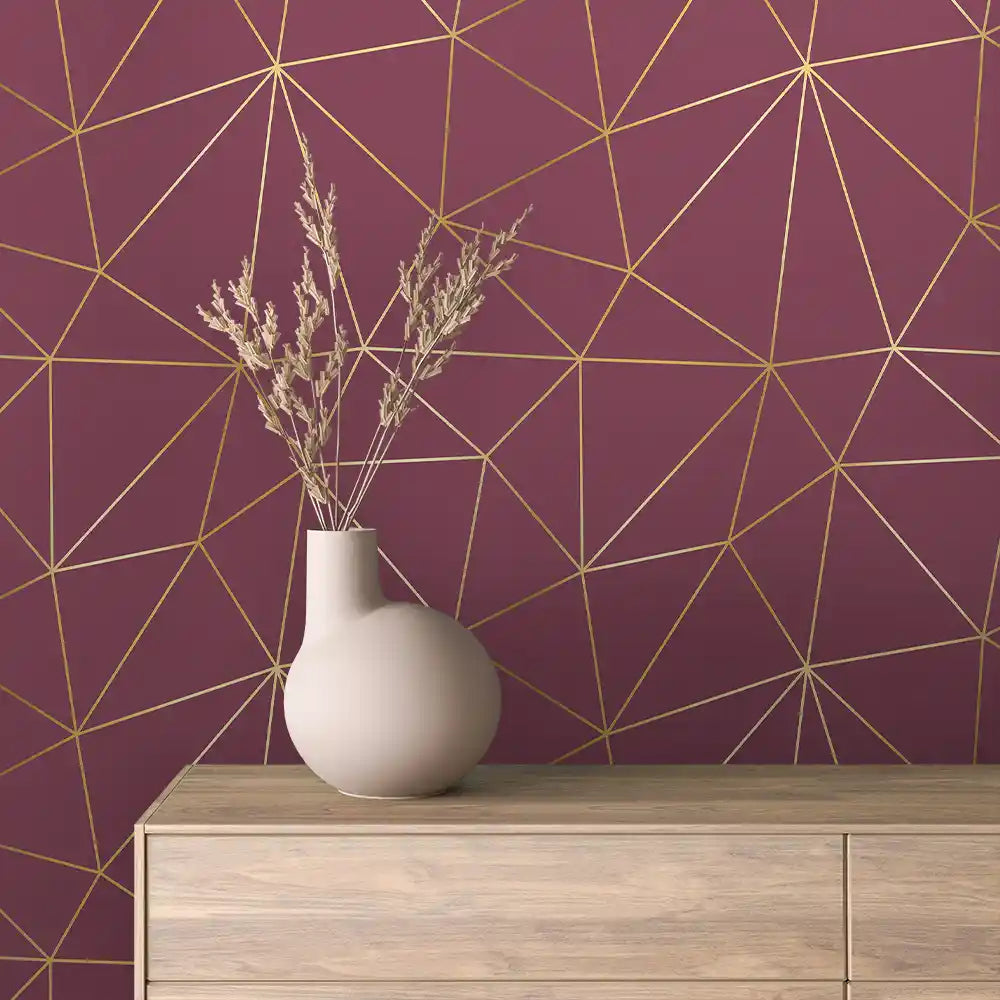 Burgundy Fine Gold Facet Line Peel & Stick Wallpaper – Prism Lines 0001