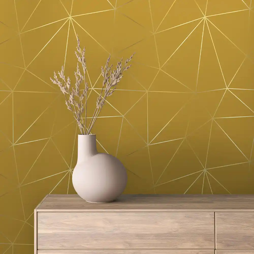 Golden Ochre Fine Gold Facet Line Peel & Stick Wallpaper – Prism Lines 0002