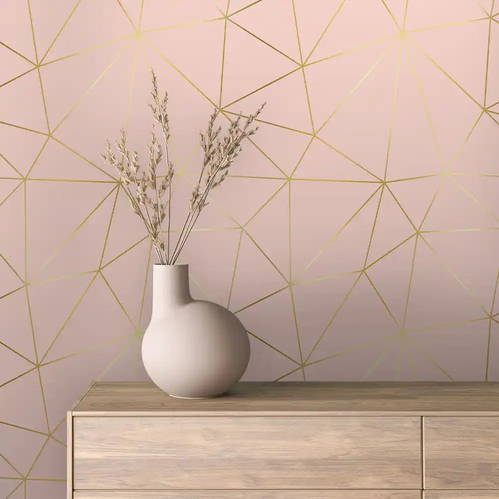 Blush Pink Fine Gold Facet Line Peel & Stick Wallpaper – Prism Lines 0003