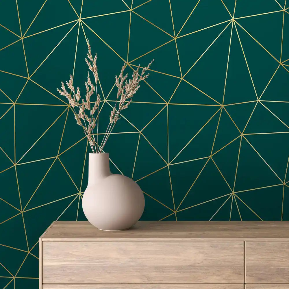Deep Teal Fine Gold Facet Line Peel & Stick Wallpaper – Prism Lines 0007