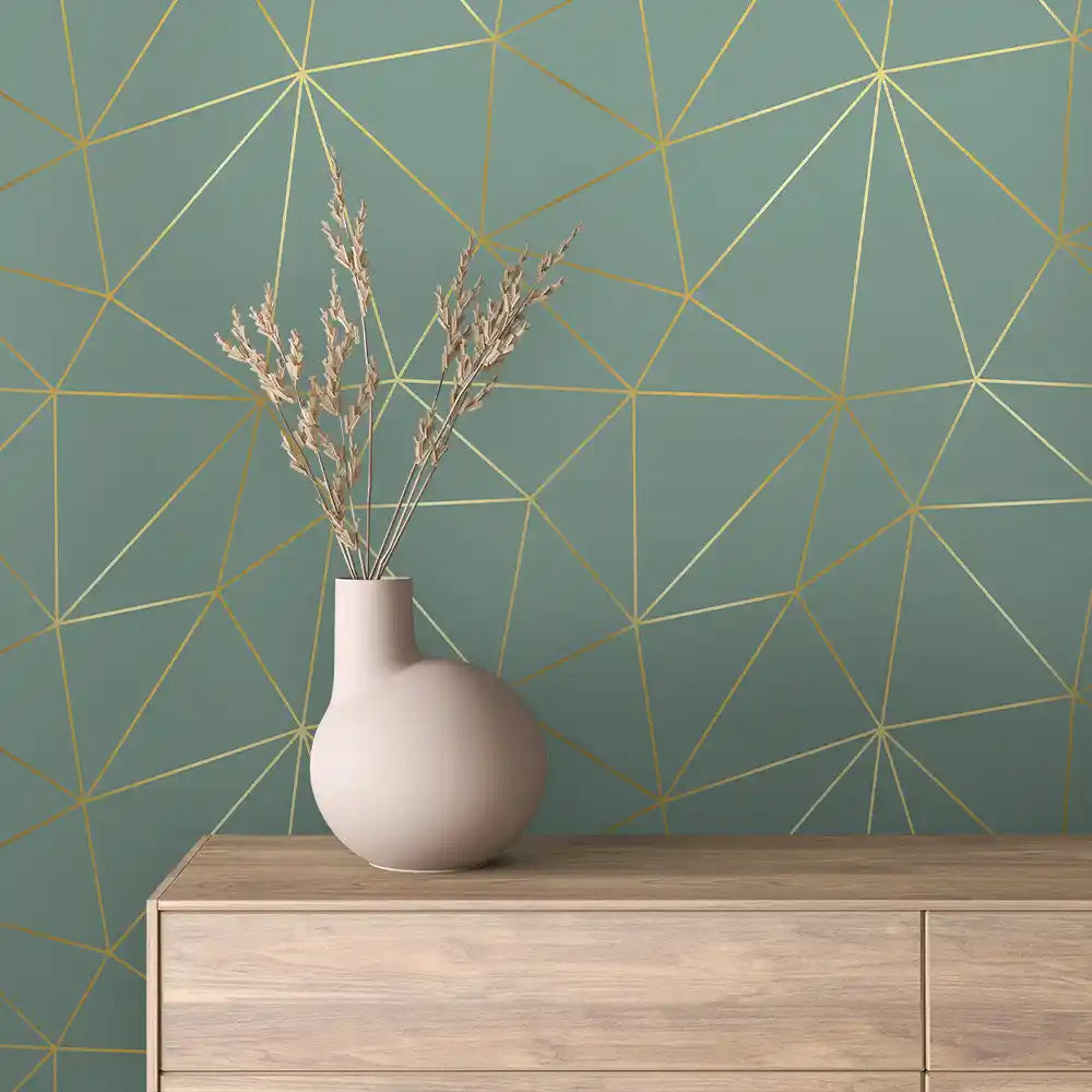 Sage Green Fine Gold Facet Line Peel & Stick Wallpaper – Prism Lines 0008