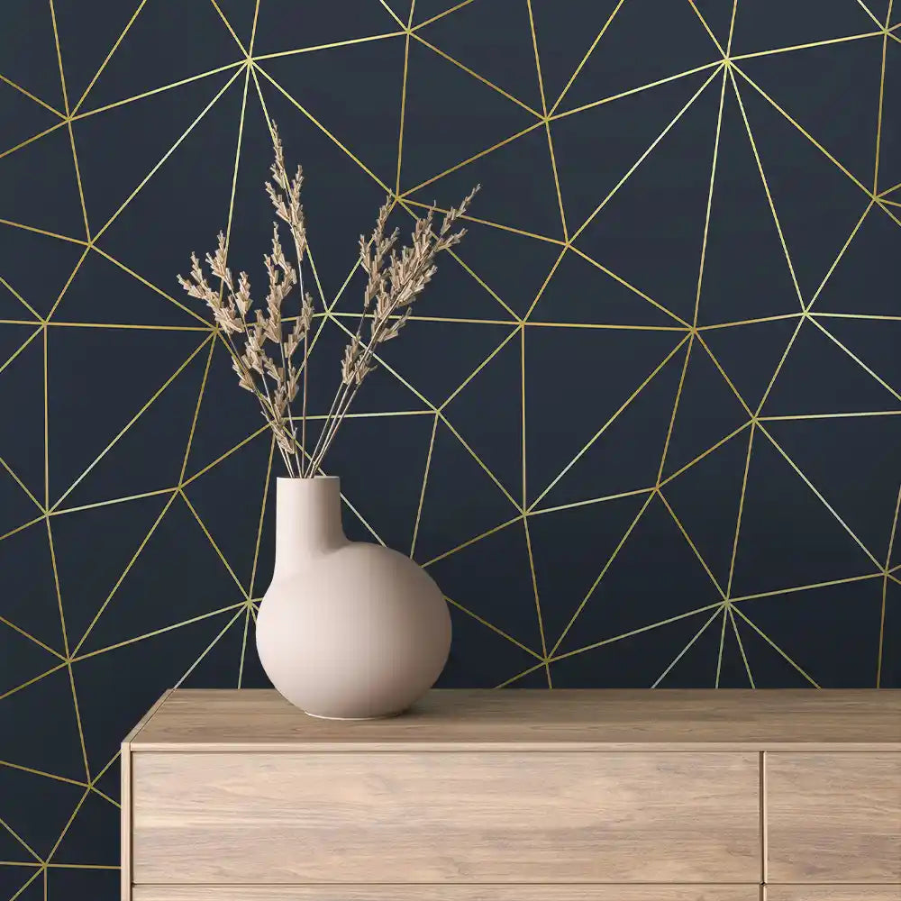Midnight Navy Fine Gold Facet Line Peel & Stick Wallpaper – Prism Lines 0010