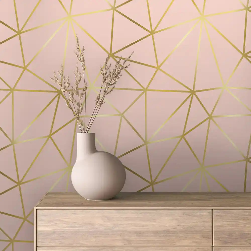 Blush Pink Bold Gold Facet Line Peel & Stick Wallpaper – Prism Lines 0013