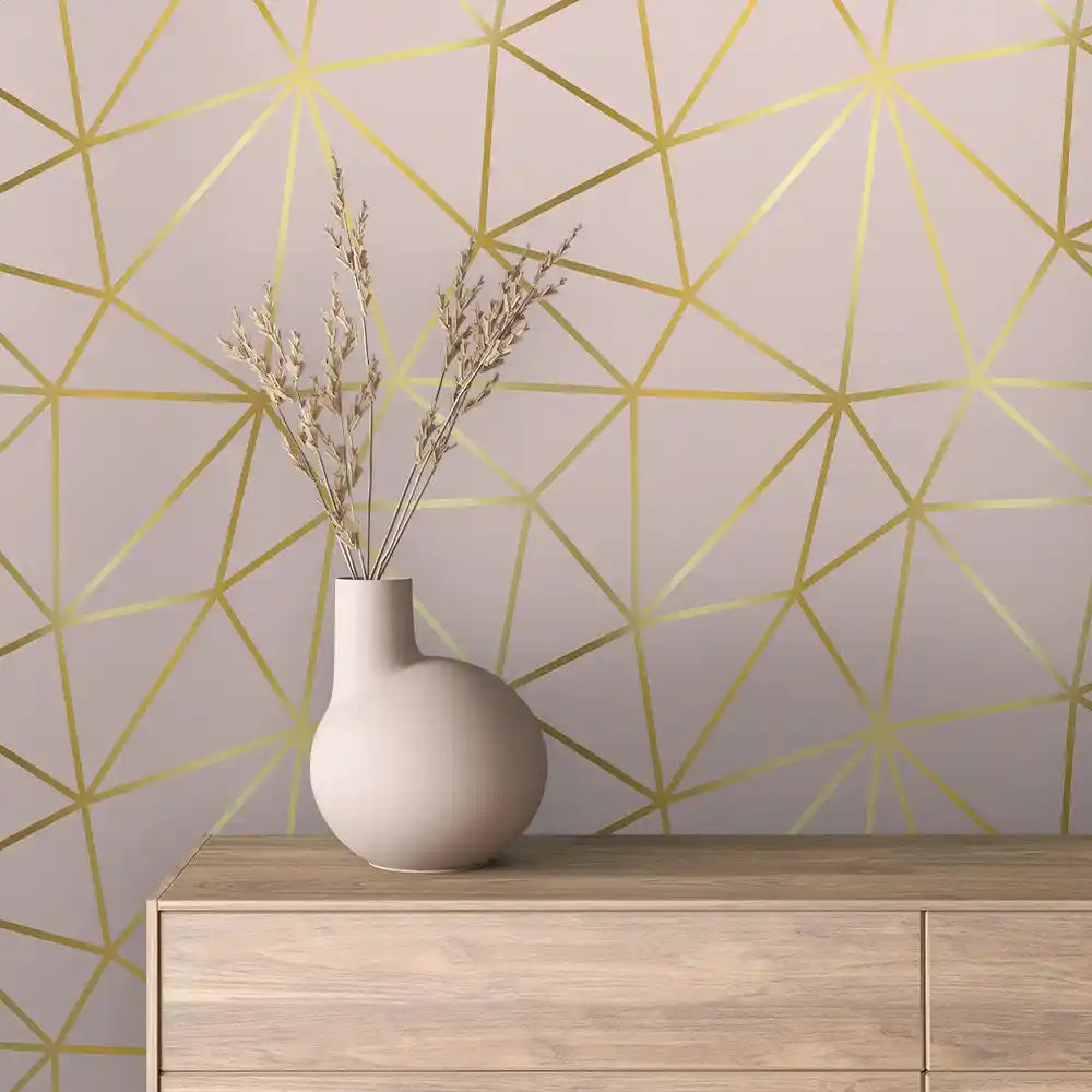 Pale Mauve Bold Gold Facet Line Peel & Stick Wallpaper – Prism Lines 0014