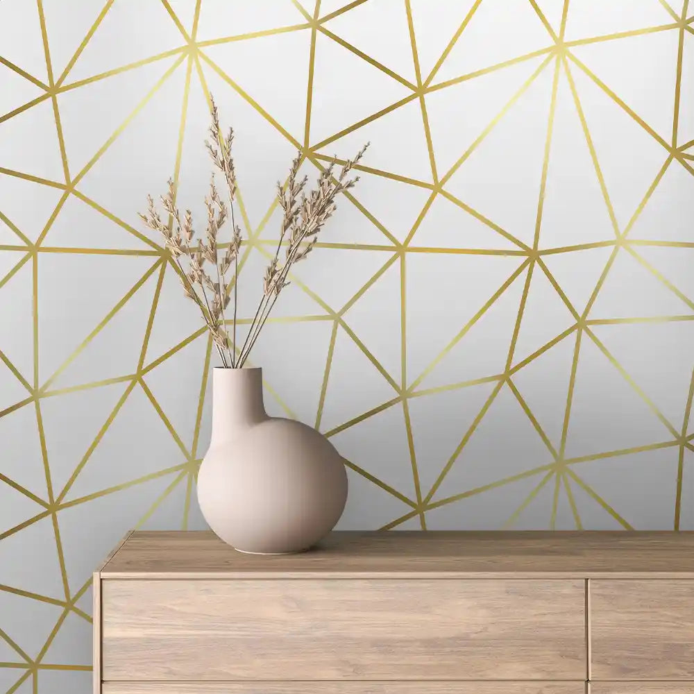 Chalk White Bold Gold Facet Line Peel & Stick Wallpaper – Prism Lines 0016