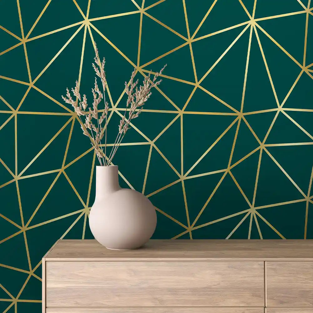 Deep Teal Bold Gold Facet Line Peel & Stick Wallpaper – Prism Lines 0017