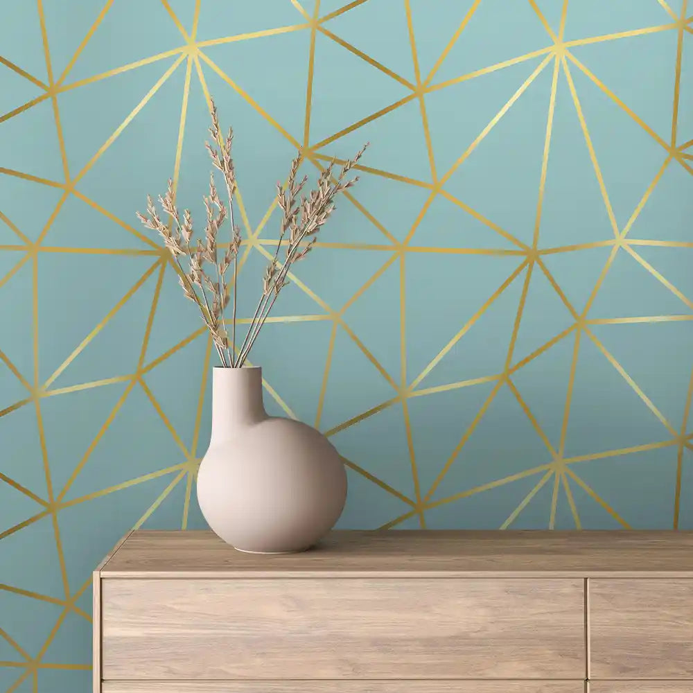 Aqua Blue Bold Gold Facet Line Peel & Stick Wallpaper – Prism Lines 0019