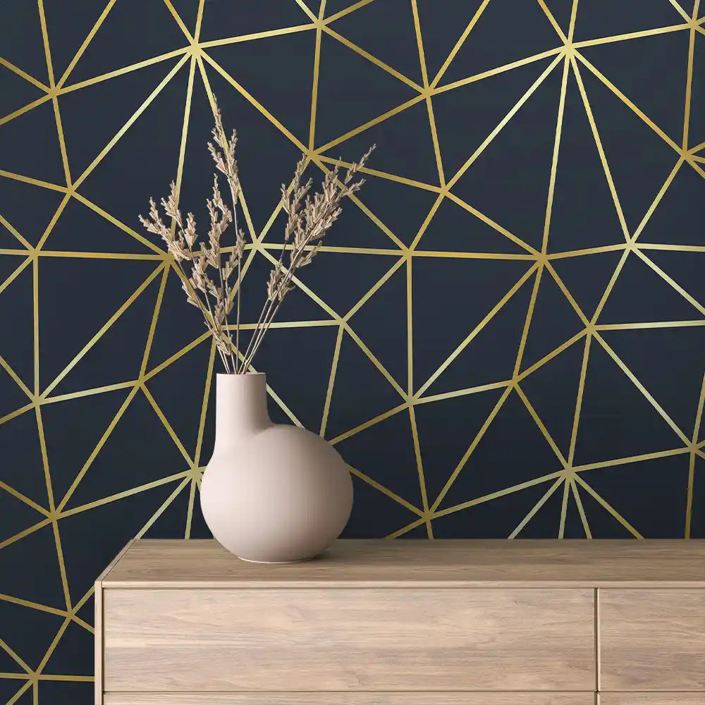 Midnight Navy Bold Gold Facet Line Peel & Stick Wallpaper – Prism Lines 0020