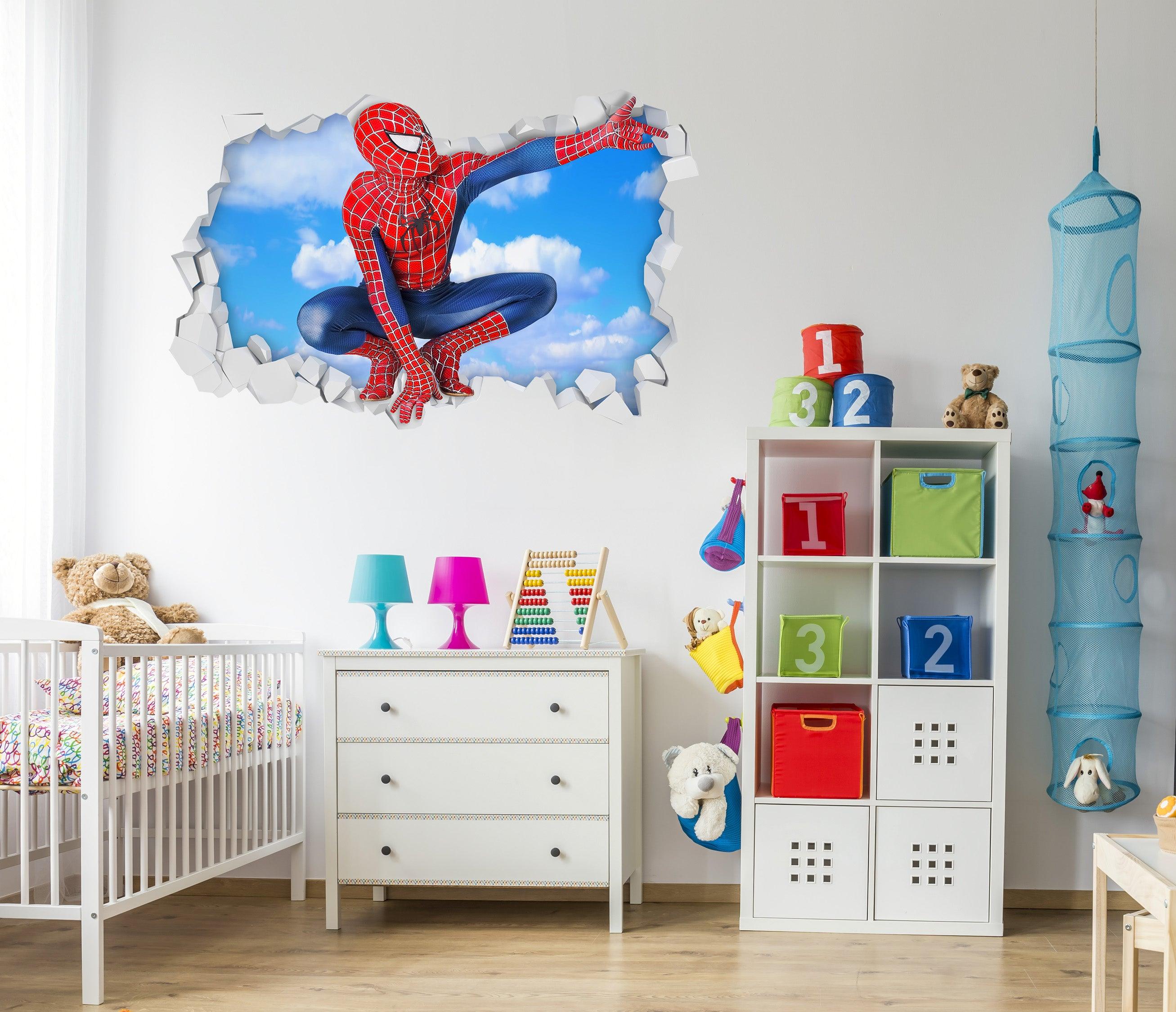 3D Spiderman Breaking thru Wall, Wall Decal Sticker, Removable 109