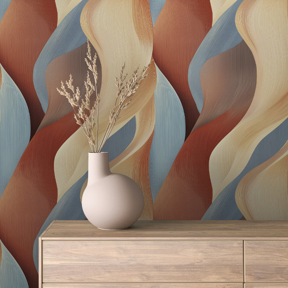 Rust Blue Wavy Ribbon Abstract 0047