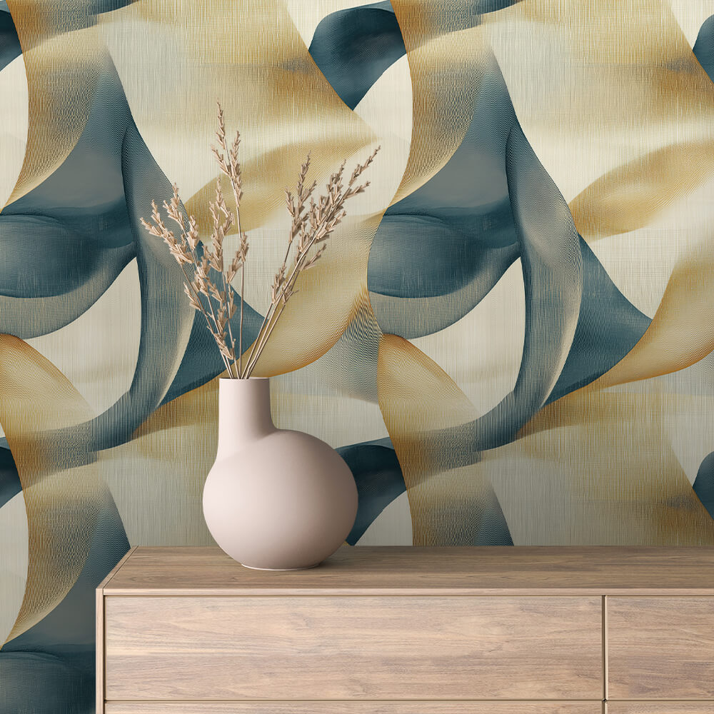 Teal Gold Wavy Curve Abstract 0051