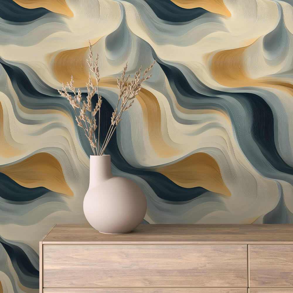 Navy Gold Painterly Wave Abstract 0056