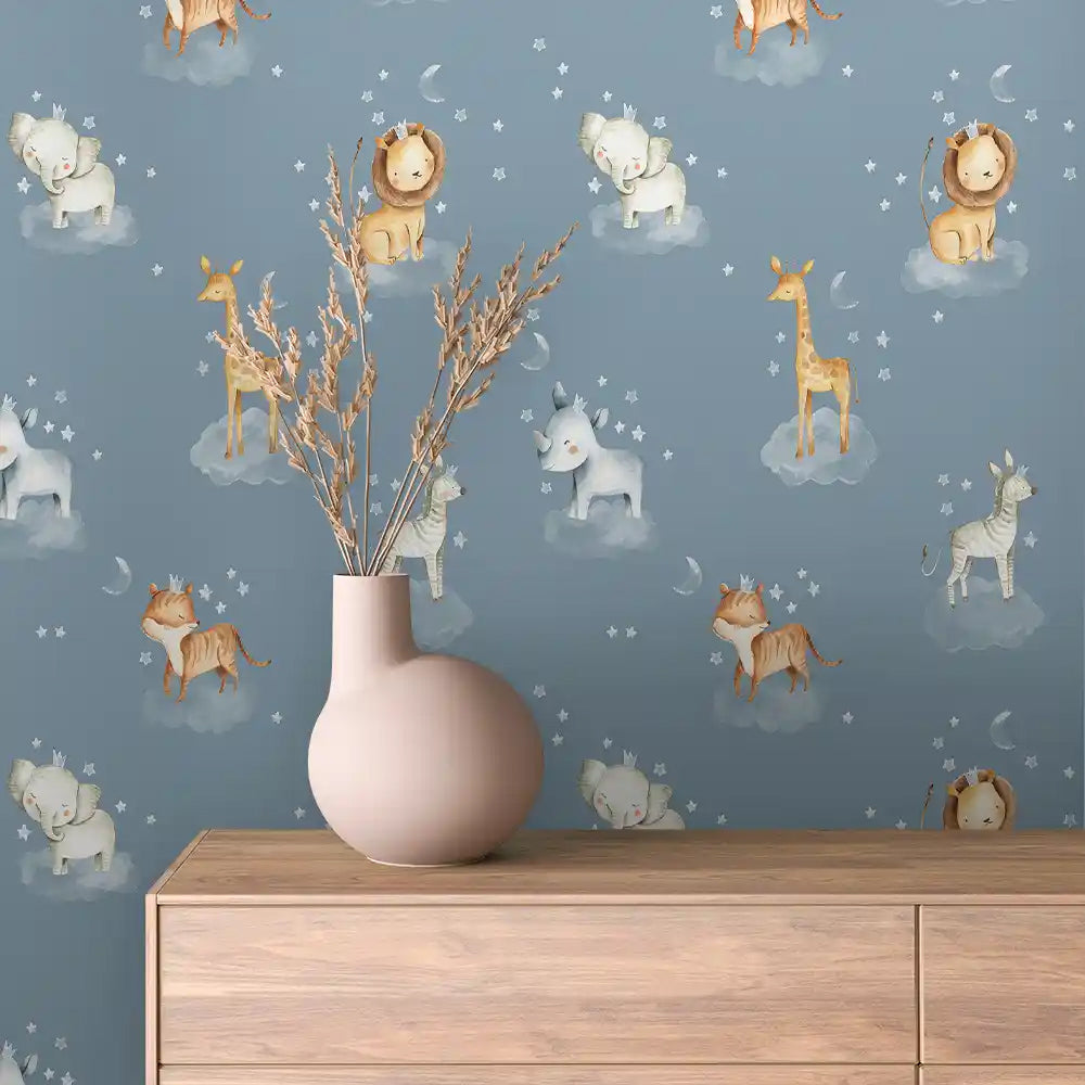 Crowned Safari Babies on Slate Blue Peel & Stick Wallpaper – Animal Watercolour 0015