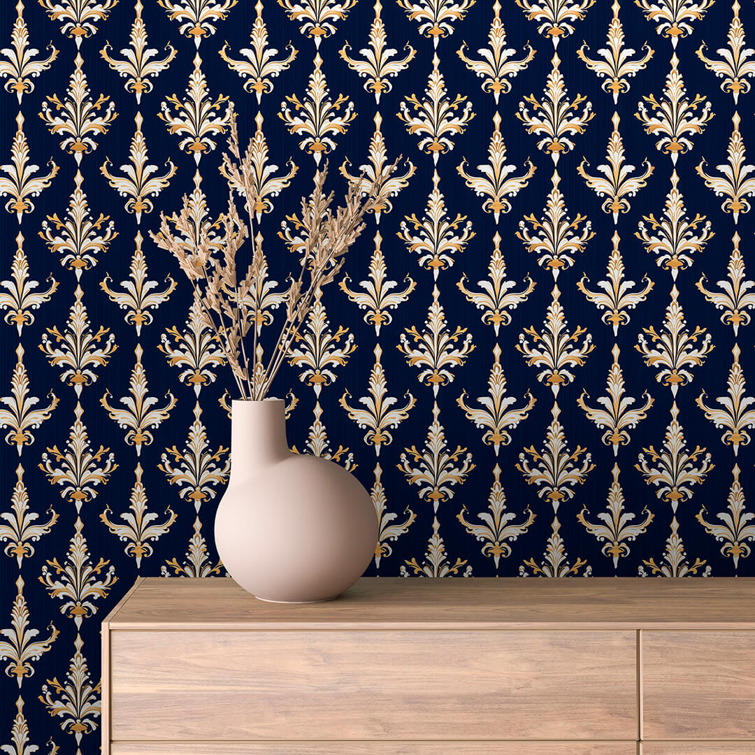 Navy Gold Fleur Damask 0002