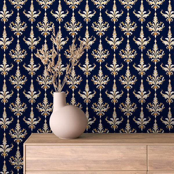 Navy Gold Fleur Peel & Stick Wallpaper – Damask 0002