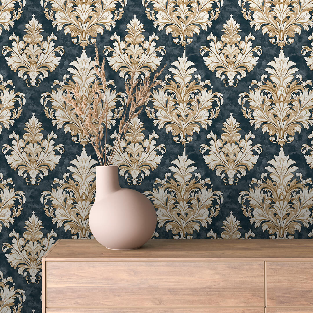 Charcoal Gold Acanthus Damask 0004