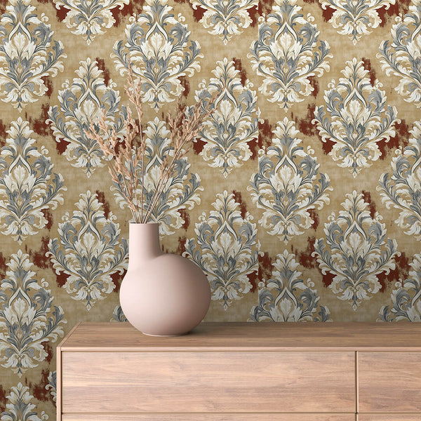 Rustic Mustard Slate Peel & Stick Wallpaper – Damask 0005