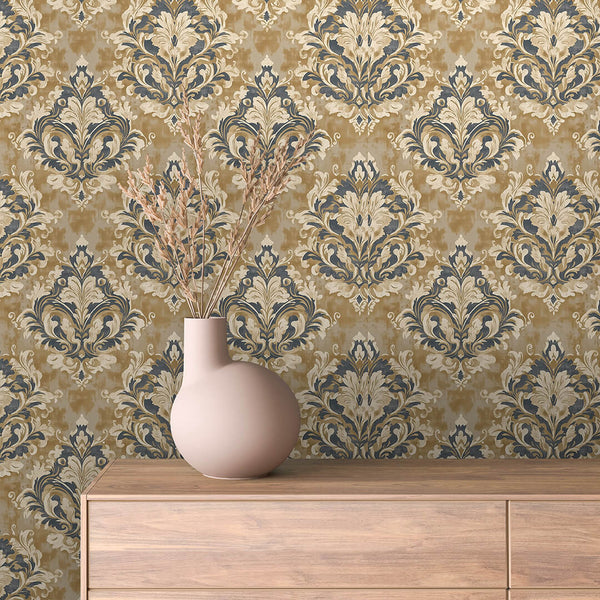Antique Gold Ochre Peel & Stick Wallpaper – Damask 0006