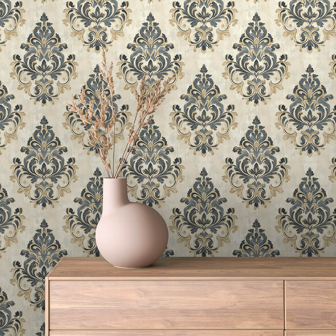 Slate Blue Gold Cream Damask 0007