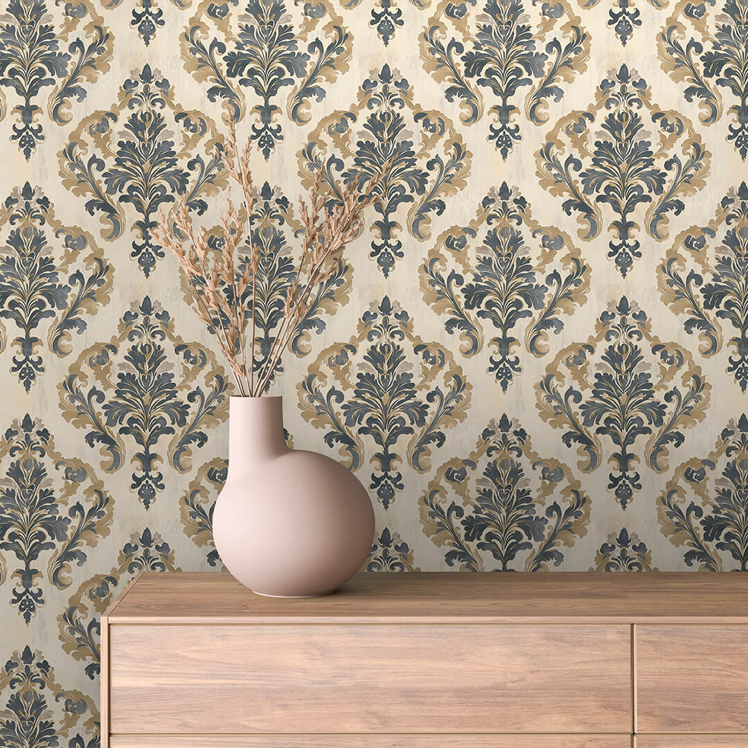 Grand Slate Gold Ivory Damask 0008