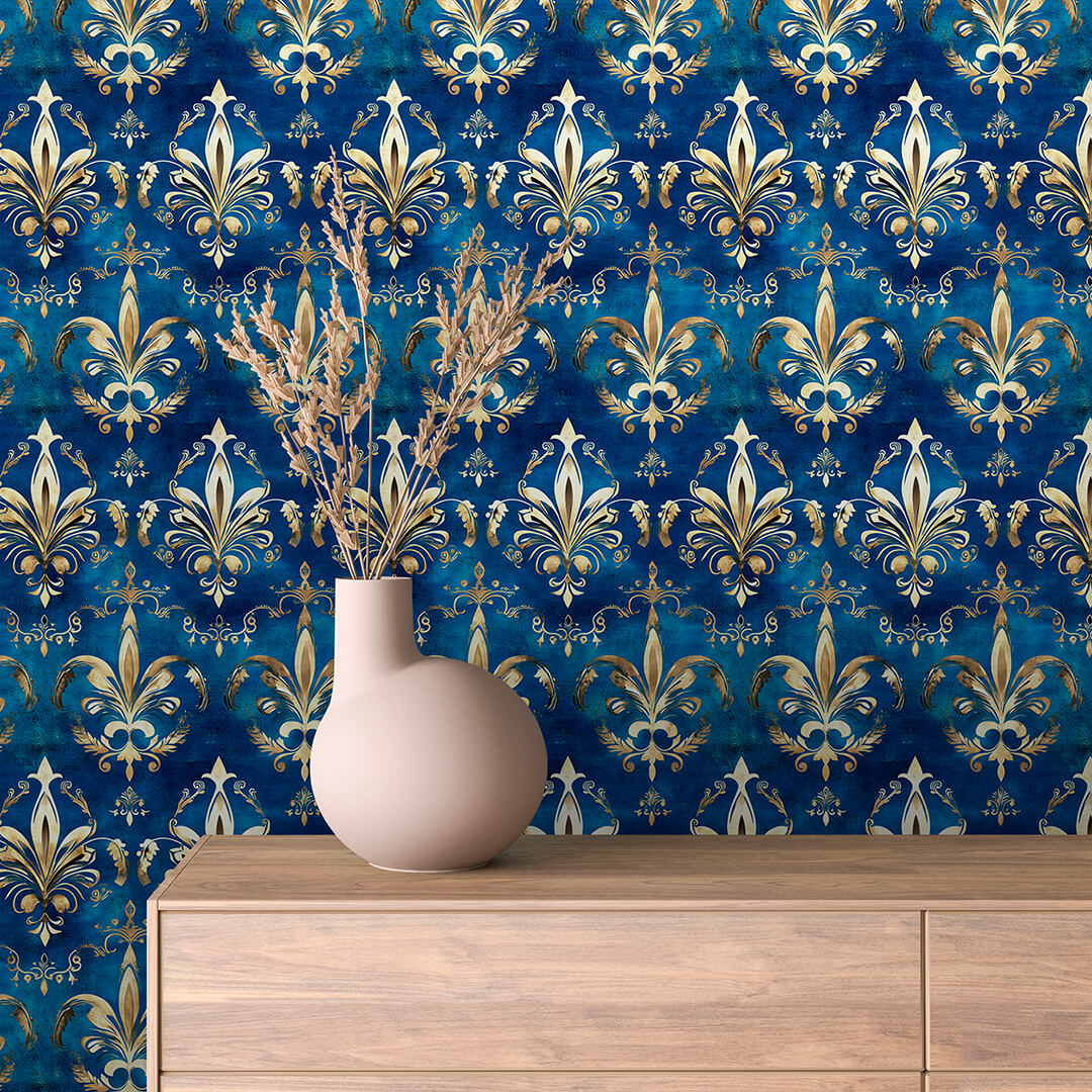 Royal Blue Gold Fleur Damask 0011
