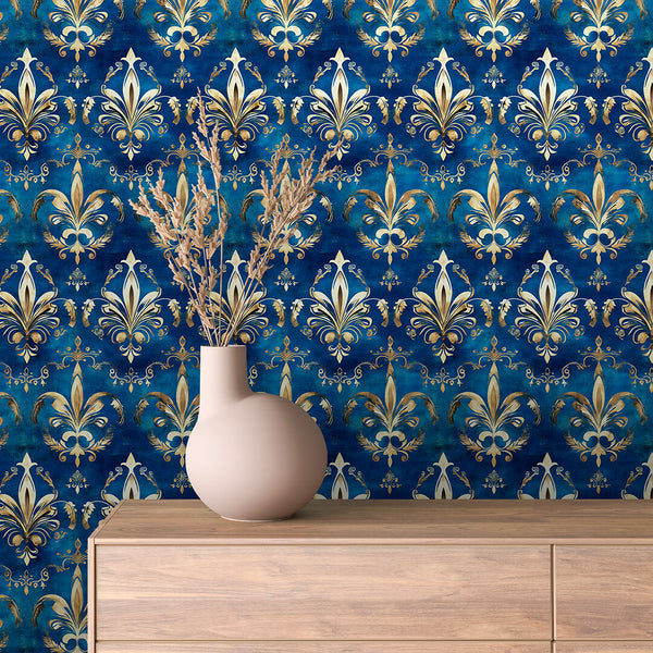Royal Blue Gold Fleur Peel & Stick Wallpaper – Damask 0011
