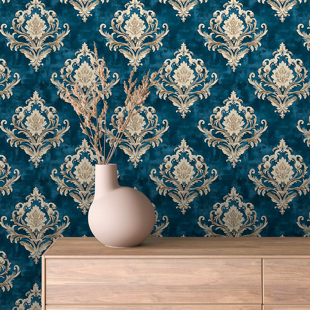 Deep Teal Cream Damask 0014