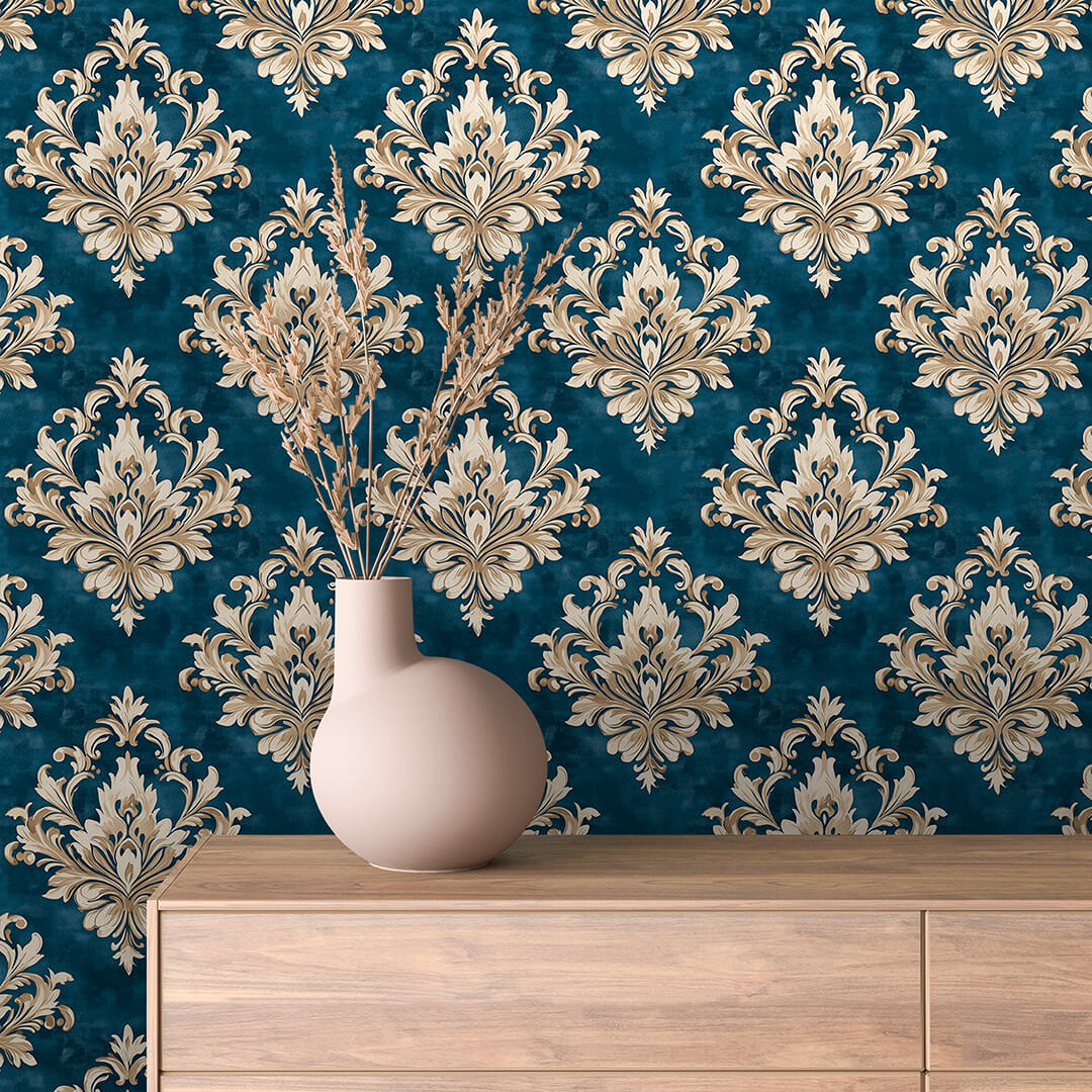 Ivory Gold Teal Damask 0015