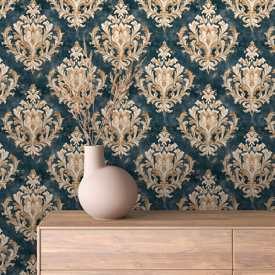 Teal Gold Cream Damask 0016