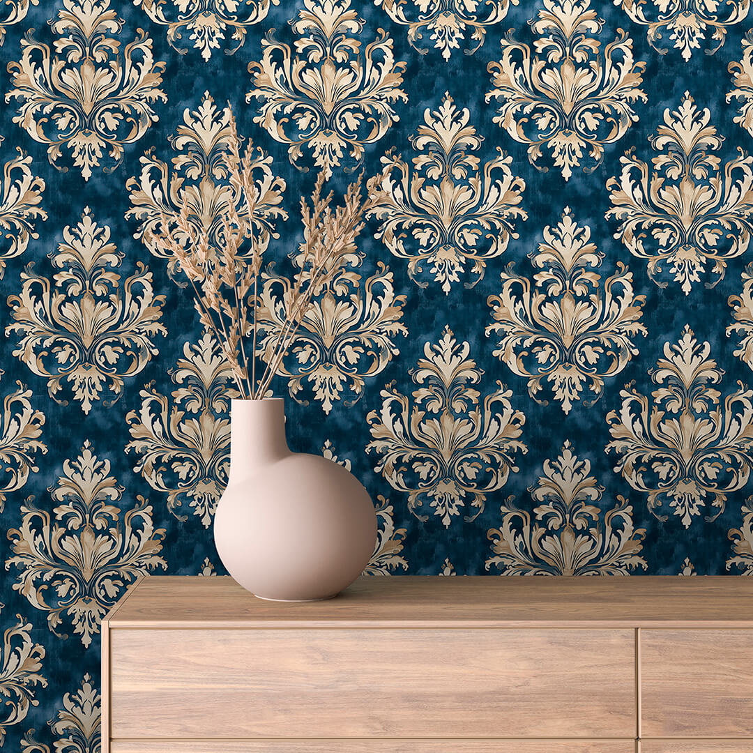 Navy Ornate Gold Scroll Damask 0017