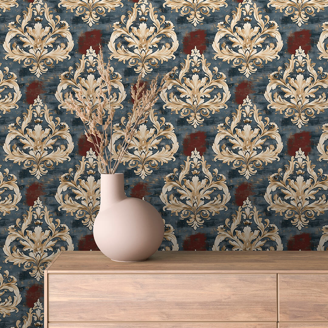 Cream Gold Slate Rust Damask 0019
