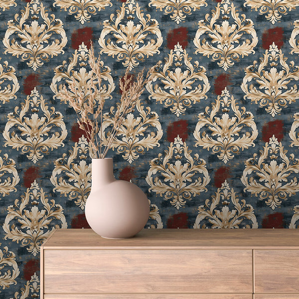 Cream Gold Slate Rust Peel & Stick Wallpaper – Damask 0019